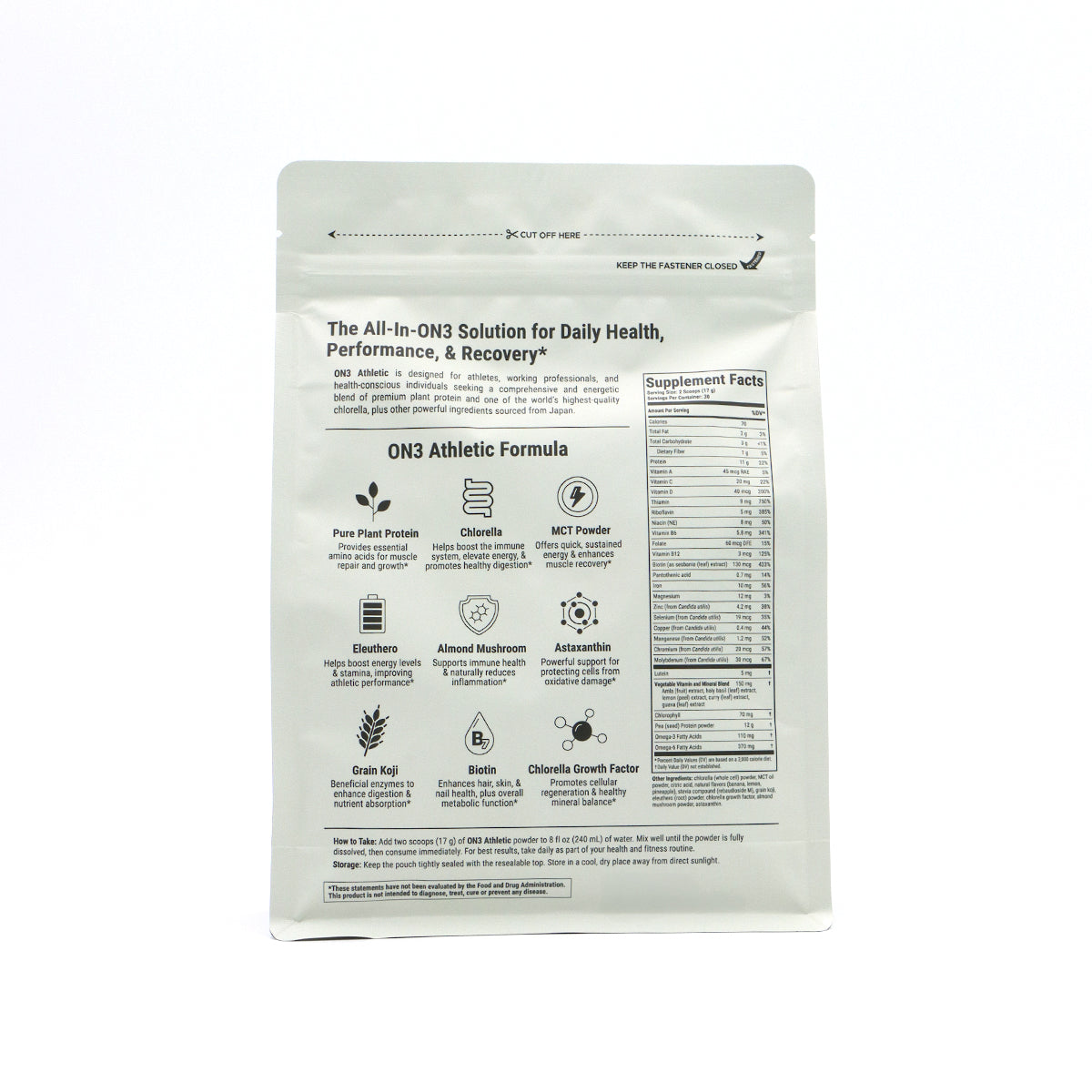 ON3 Athletic nutritional facts on back of bag